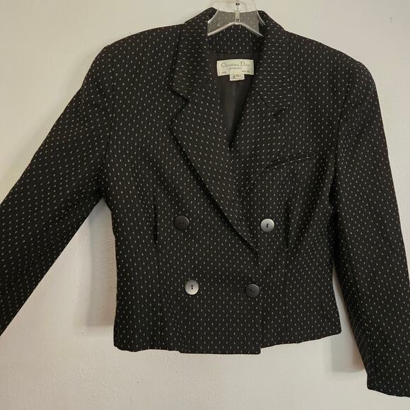 Vintage Christian Dior 80s Wool Blazer 6 Black White Dot Cropped Double Breasted - Picture 4 of 14